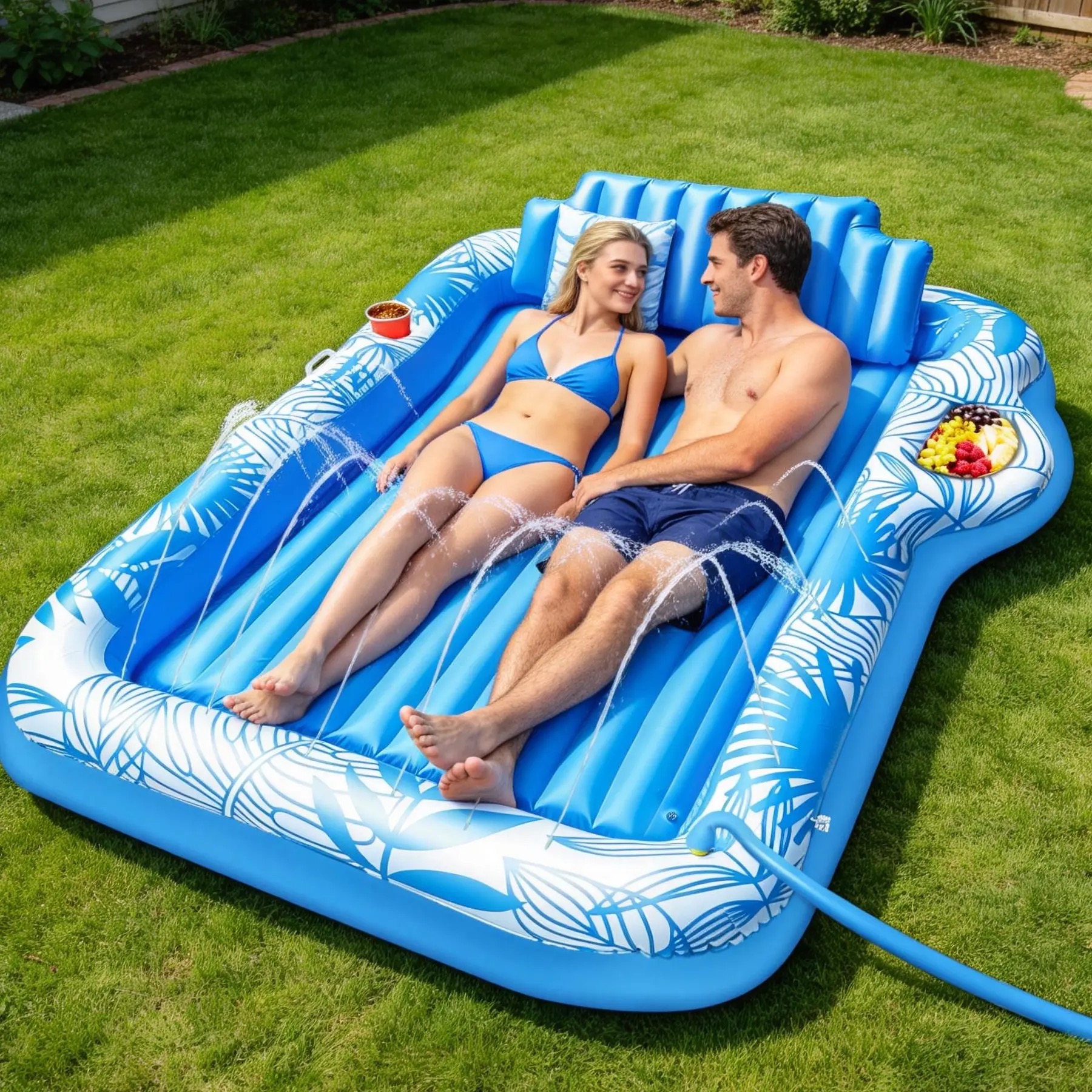 Inflatable Tanning Pool Lounge Float with Sprinkler Cup Holder